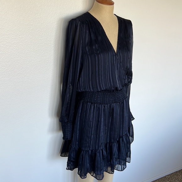 Michael Kors Sheer Surplice Neckline Short Evening Dress in Midnight Blue - Picture 2 of 6